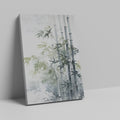 Framed canvas print of serene bamboo in ink wash style with subtle green and grey tones