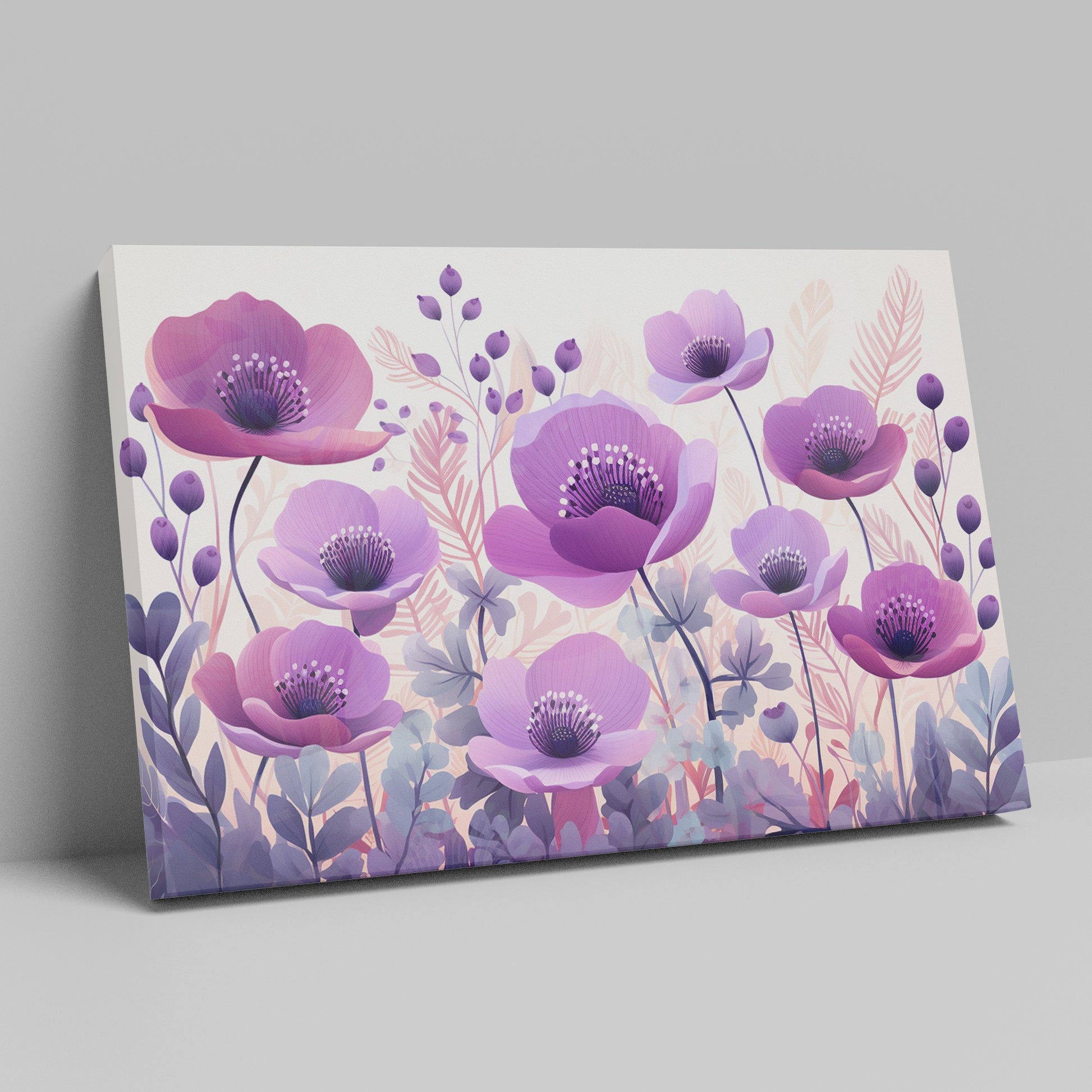 Framed canvas print of stylised anemone flowers in lavender and mauve hues