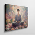 Framed canvas print of a meditative figure in a floral garden with soft pastel tones