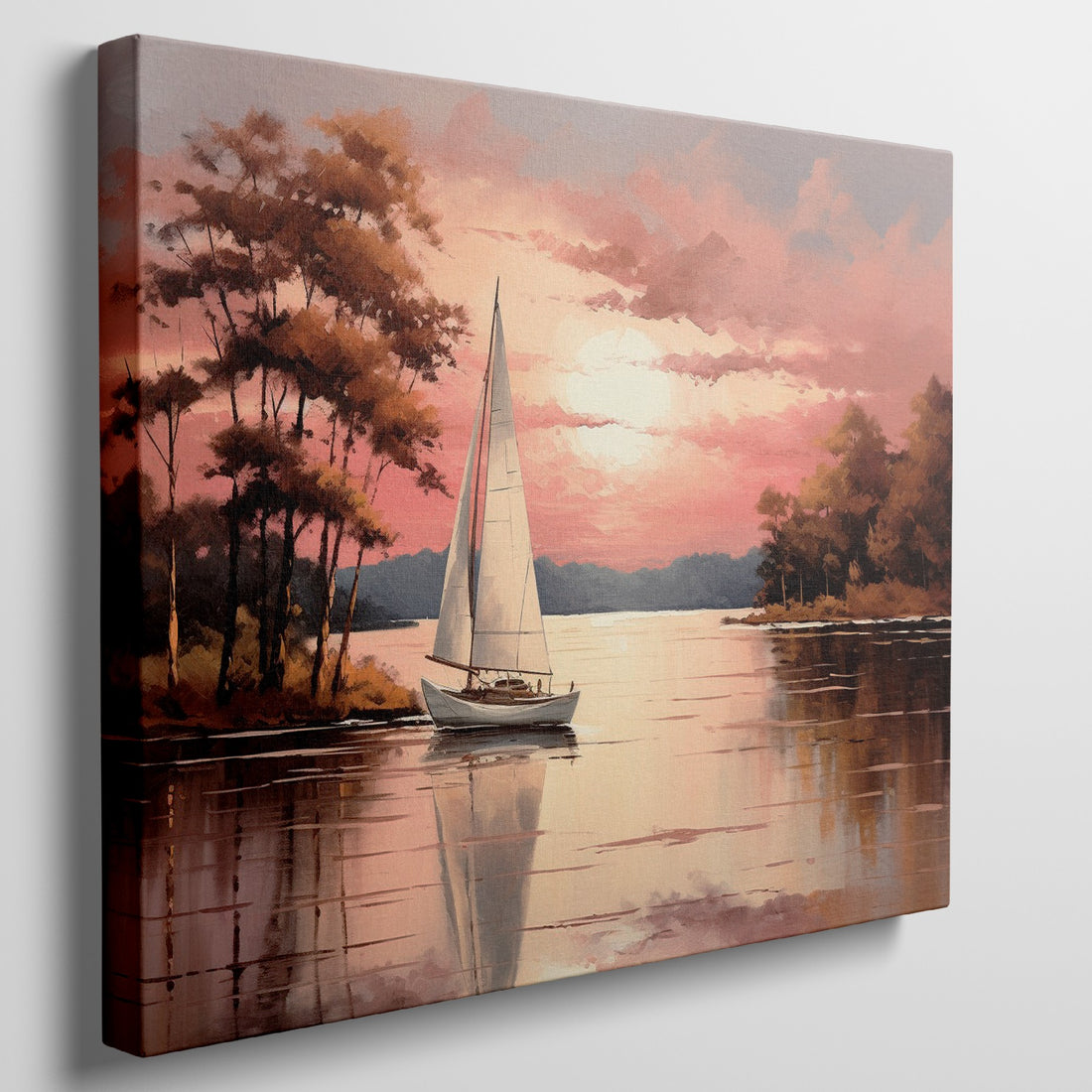 Impressionistic painting of a sailboat on a calm lake with orange and red sunset and tree silhouette reflections.