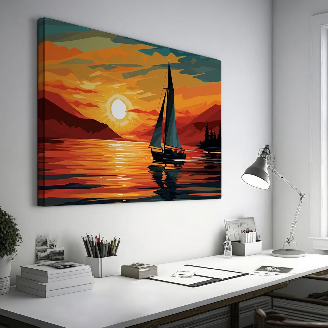 Stylized sailboat on calm waters with a vivid sunset and mountains in the background