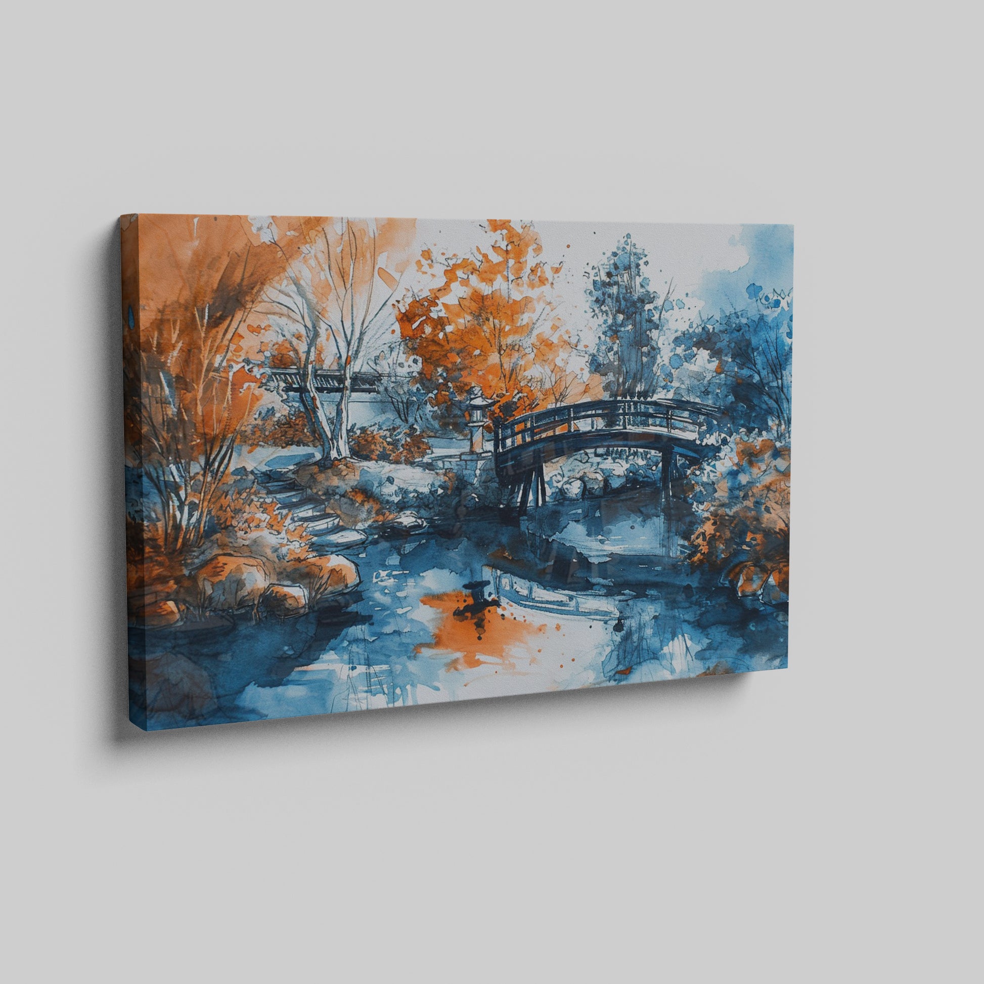 Framed canvas print of an Oriental garden scene with a bridge over water in autumnal hues of orange and blue