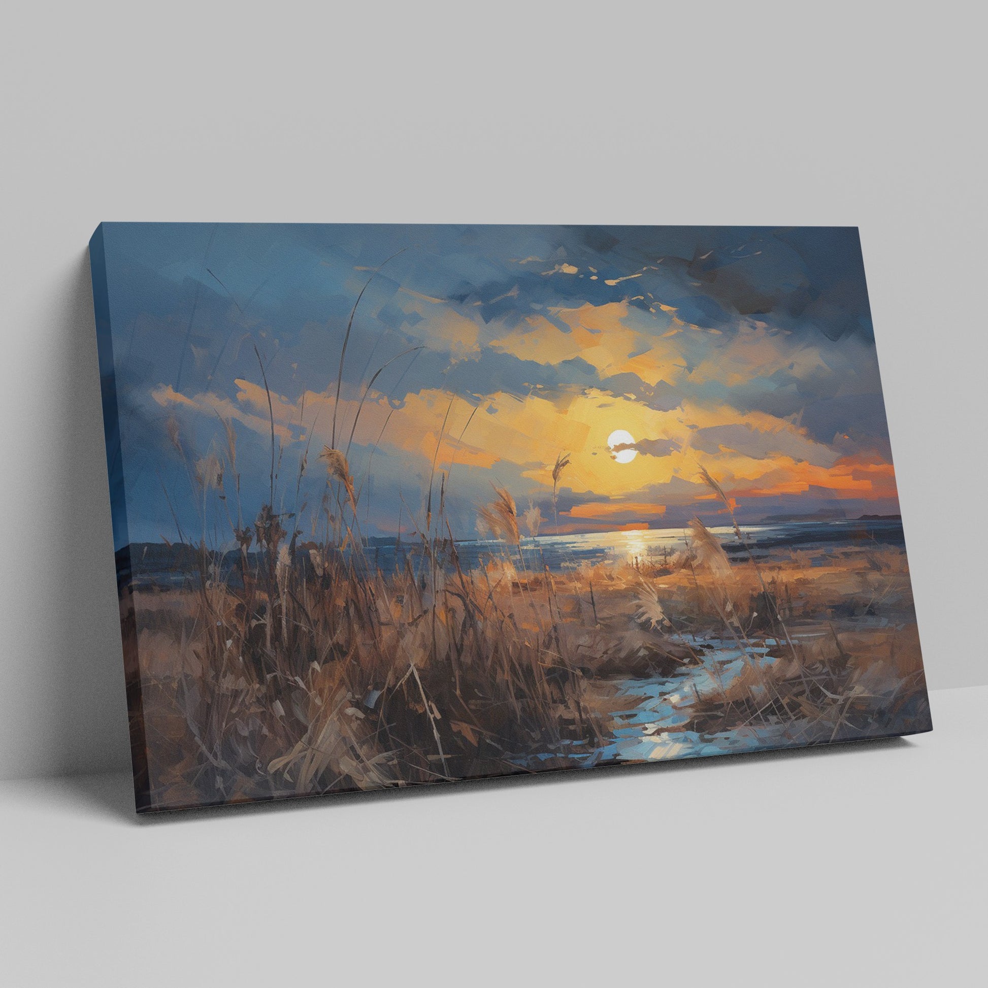 Framed canvas print of an impressionistic sunset over a coastal landscape with vibrant warm hues