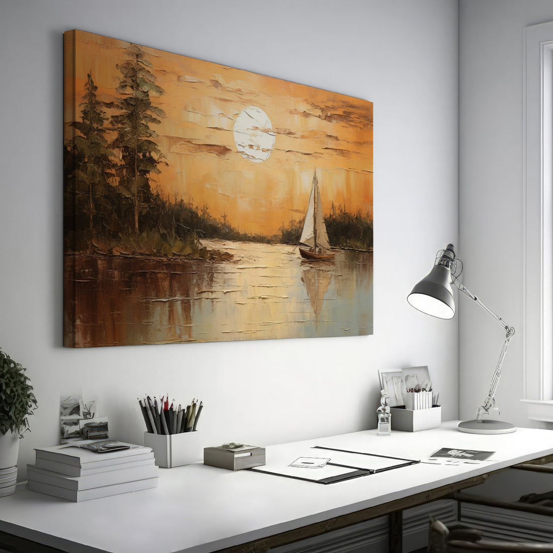 Canvas print of a sunset with orange skies, sailboat on calm lake, and tree silhouettes