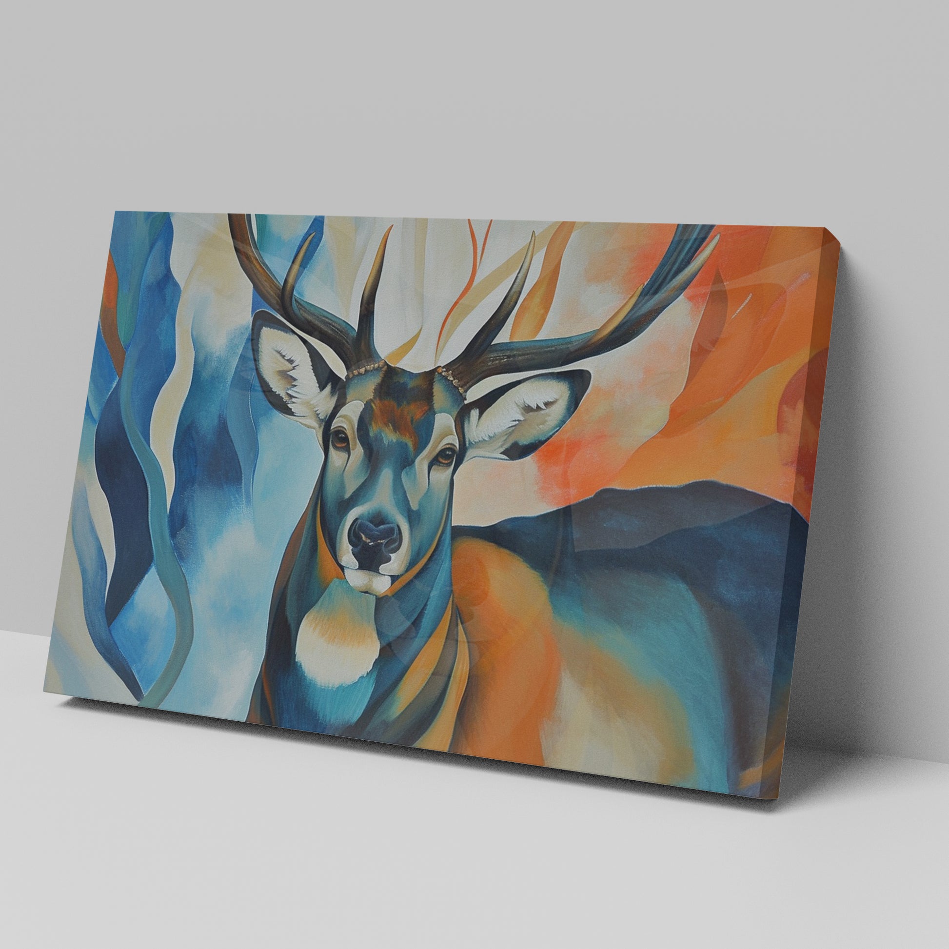 Framed canvas print of an abstract deer with vibrant colours