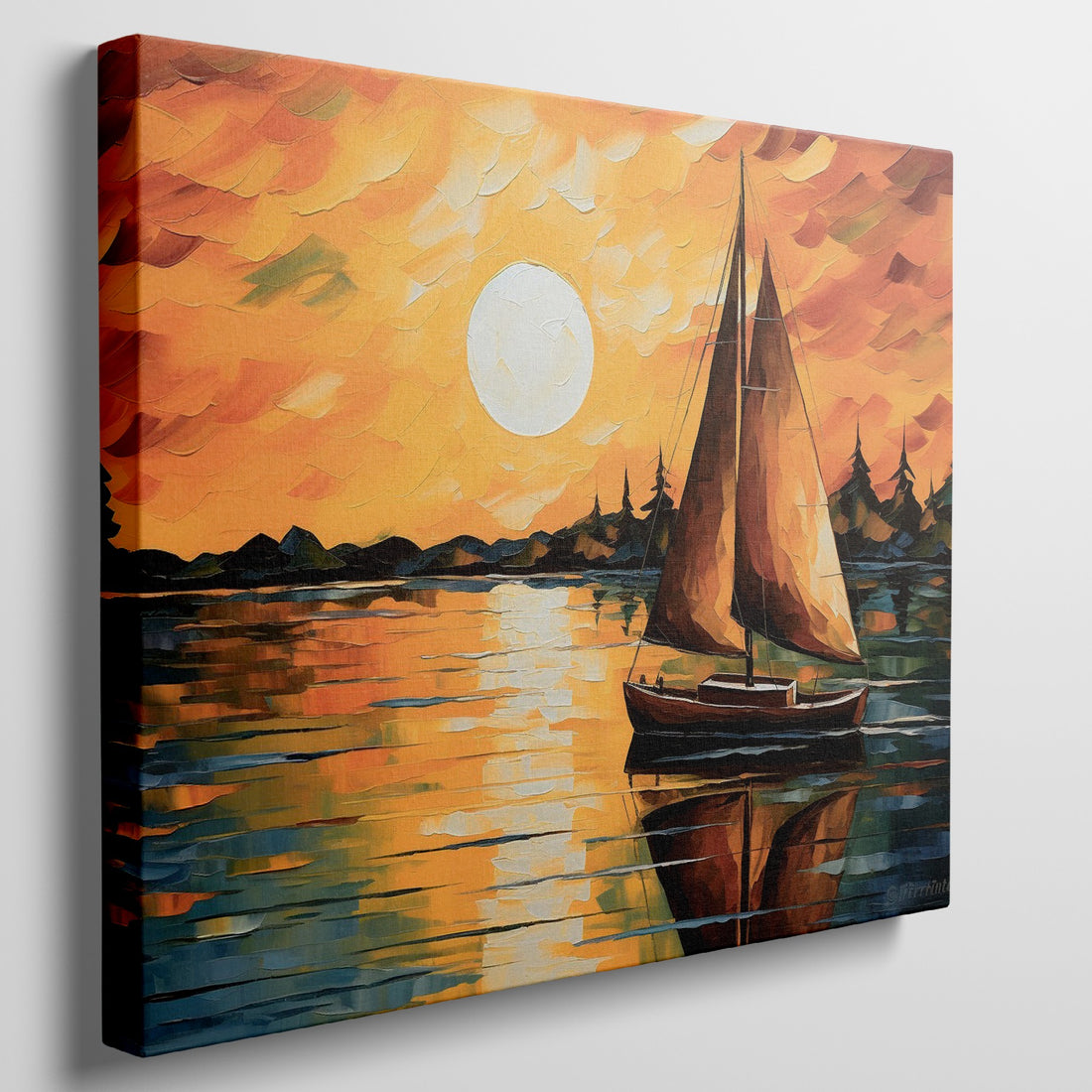 Oil painting of a sailboat with brown sails on reflective water at sunset with orange and yellow sky