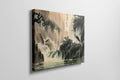 Framed canvas print of an Oriental crane beside a waterfall in traditional Chinese ink wash style