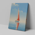 Framed canvas print of a red sailboat on serene blue waters with a clear sky