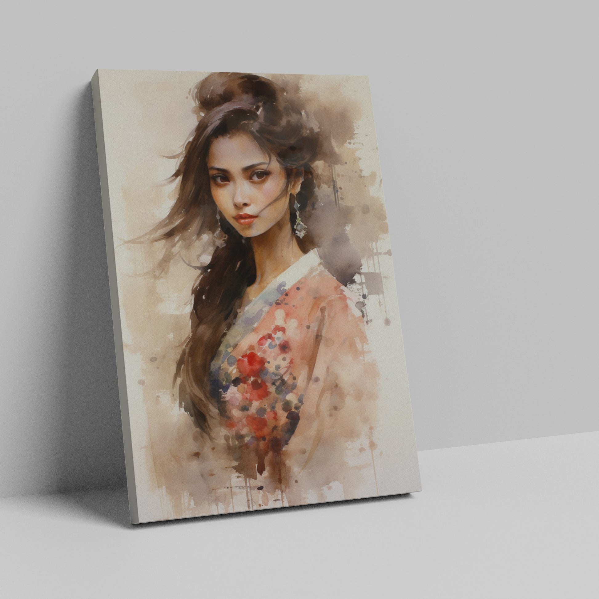 Framed canvas print of an elegant woman in a watercolour style, with a warm palette and floral kimono