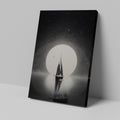 Framed canvas print of a sailboat silhouette against a large moon and starry sky in monochrome tones