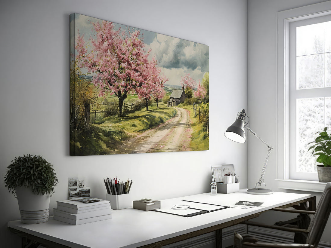 Framed canvas print of a picturesque countryside with cherry blossoms and a farmhouse