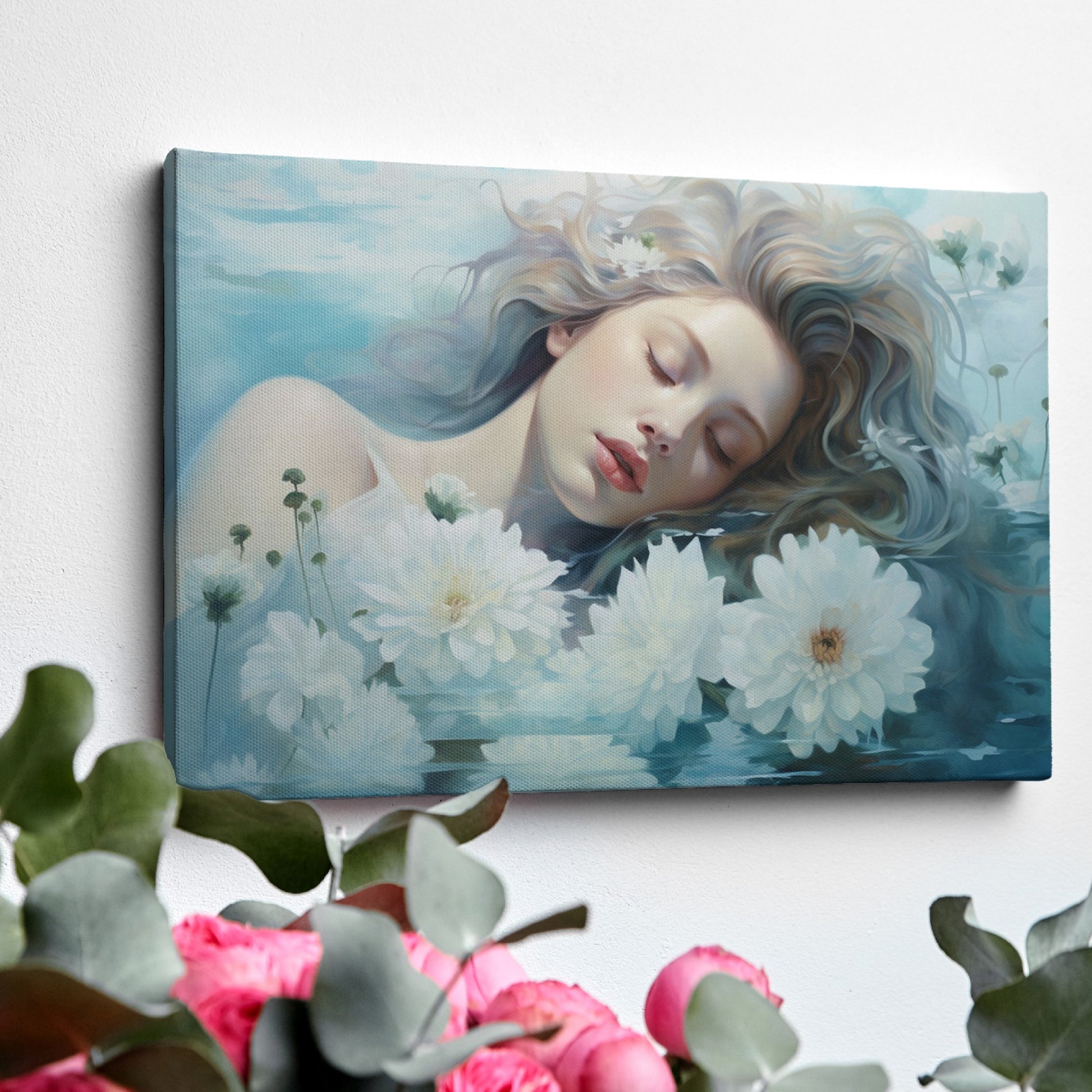 Framed canvas print of a dreamy, ethereal portrait with flowers and water reflections