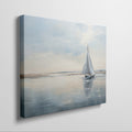 A serene painting of a sailboat on calm blue waters under a vast sky, reflecting a peaceful coastal scene.