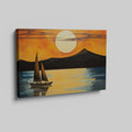 Geometric style painting of a sailboat at sunset with mountains and reflections in the water