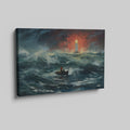 Framed canvas print of a stormy seascape with a lighthouse beacon and a boat at sea, featuring expressive brushstrokes and a dramatic red and blue colour scheme