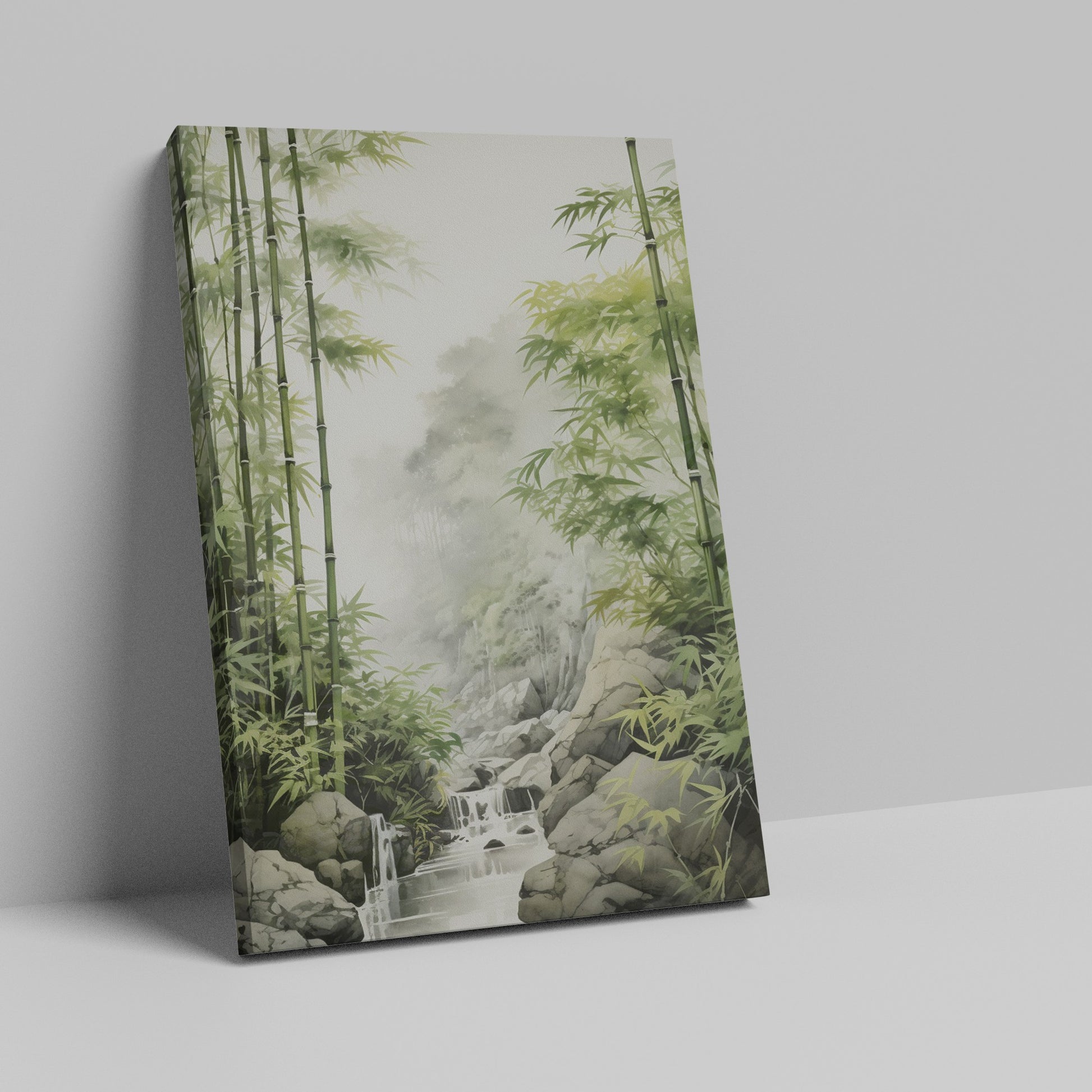 Framed canvas print of a tranquil bamboo forest with a gentle waterfall in misty surroundings