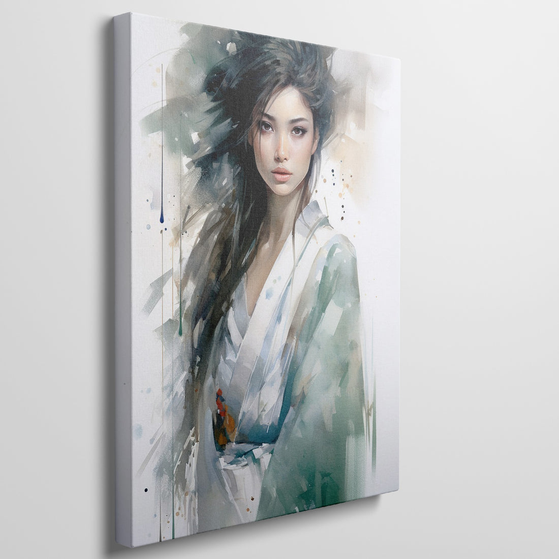 Framed canvas print of an ethereal watercolour portrait of a graceful lady with abstract elements