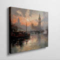 Framed canvas print of London's Big Ben and River Thames at sunset with warm orange hues