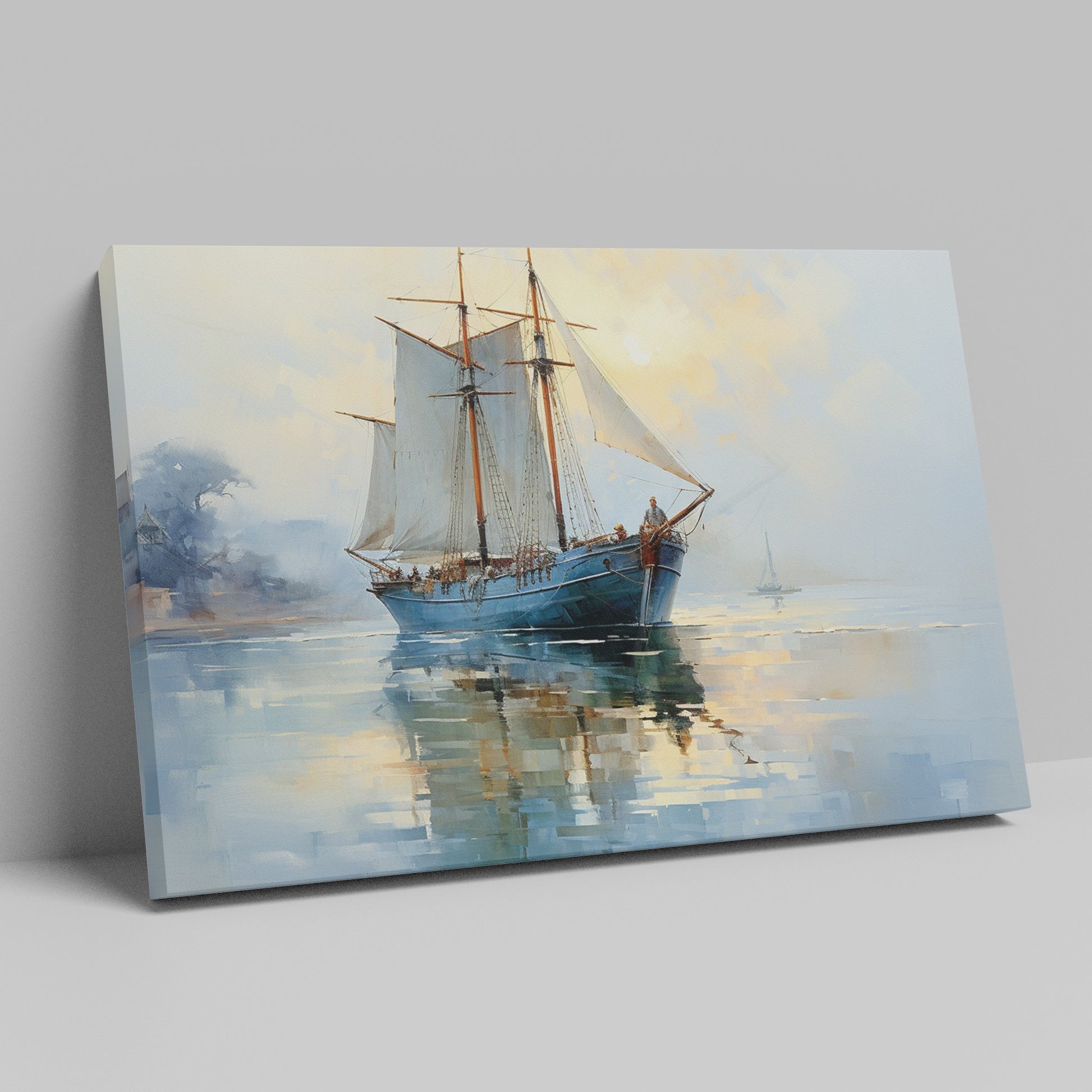 Framed canvas print of tranquil dawn light with an elegant sailing ship reflecting in the ocean