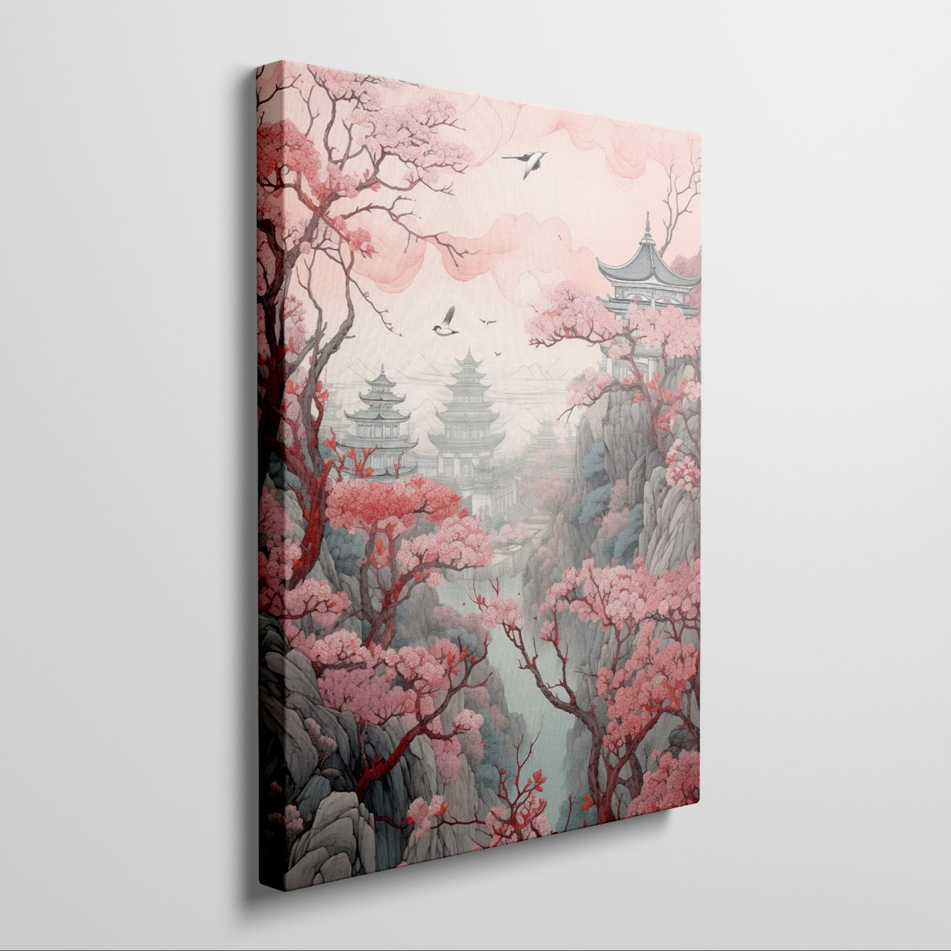 Framed canvas print of an oriental landscape with cherry blossoms and pagodas