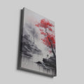 Framed canvas print of an ink wash painting featuring a bold red tree against a tranquil monochrome river landscape