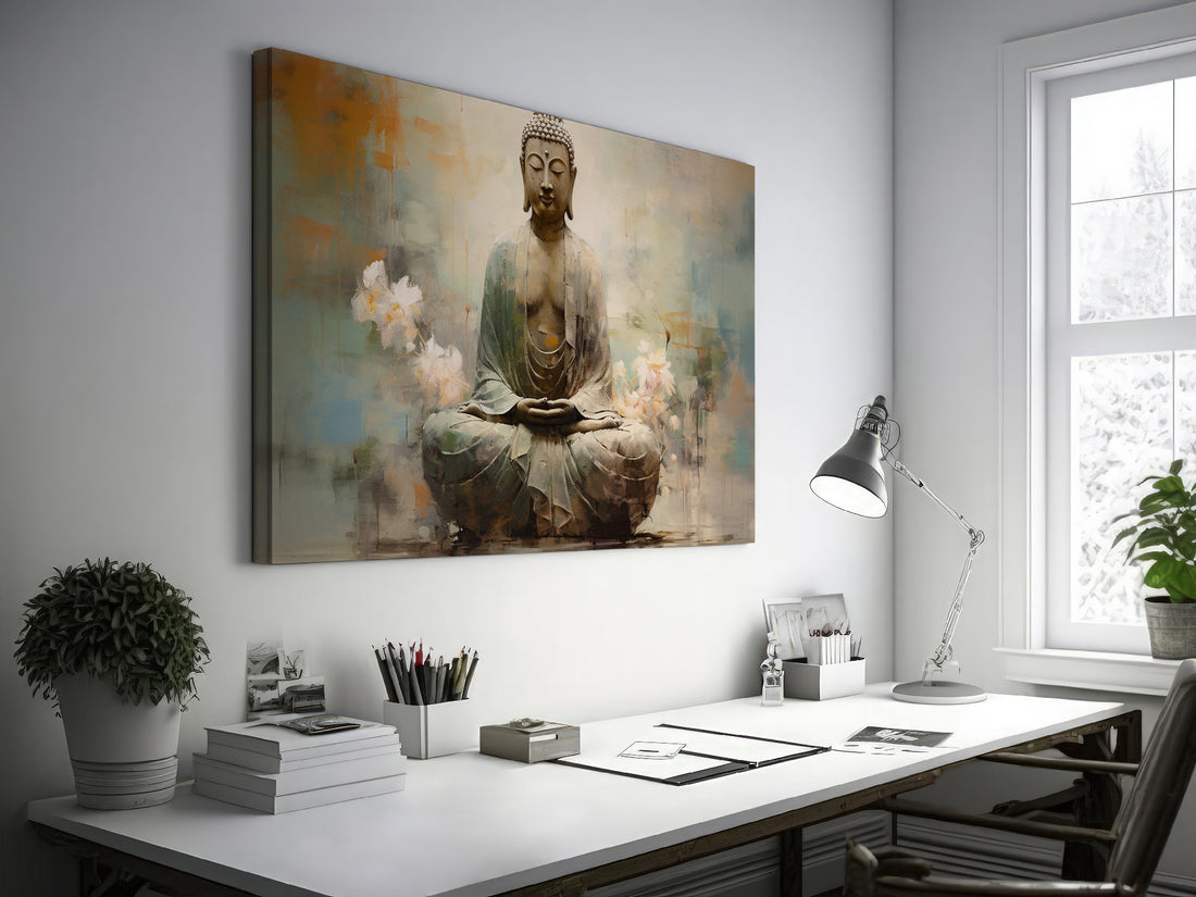 Framed canvas print of a meditative Buddha with abstract background and earth tones