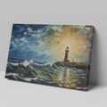 Framed canvas print of an impressionist lighthouse seascape at sunset with textured waves and a vivid sky