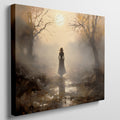 Framed canvas print of a mystical autumnal pathway with a silhouette of a woman walking, surrounded by golden trees and a soft fog.