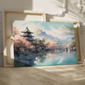 Framed canvas print of traditional Japanese pagoda and cherry blossoms with mountains in the background