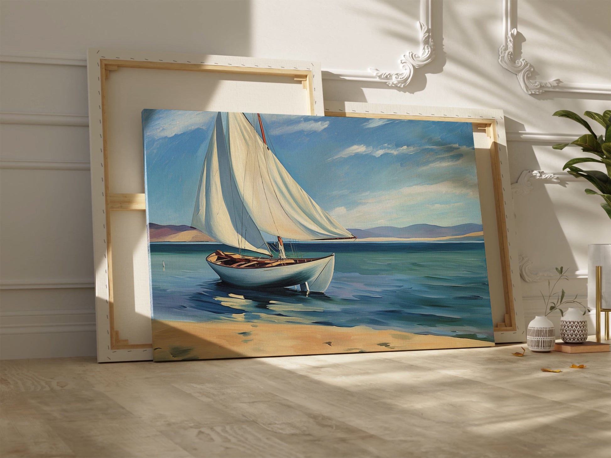 Framed canvas print of a serene sailboat seascape with vivid blue ocean and sky