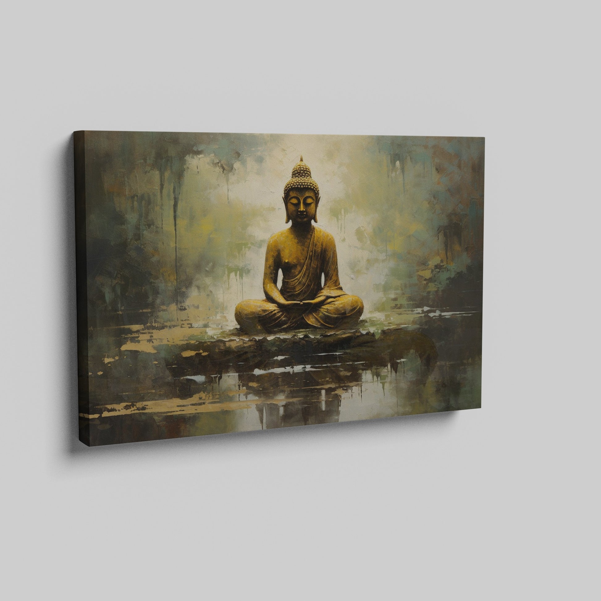 Framed canvas print of a serene and textured Golden Buddha on an abstract background