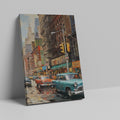 Framed canvas print of nostalgic New York street scene with vintage cars and historic buildings