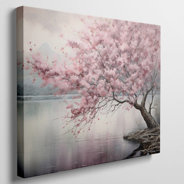 Framed canvas print of a serene cherry blossom tree by a tranquil lake with soft pastels and misty ambience