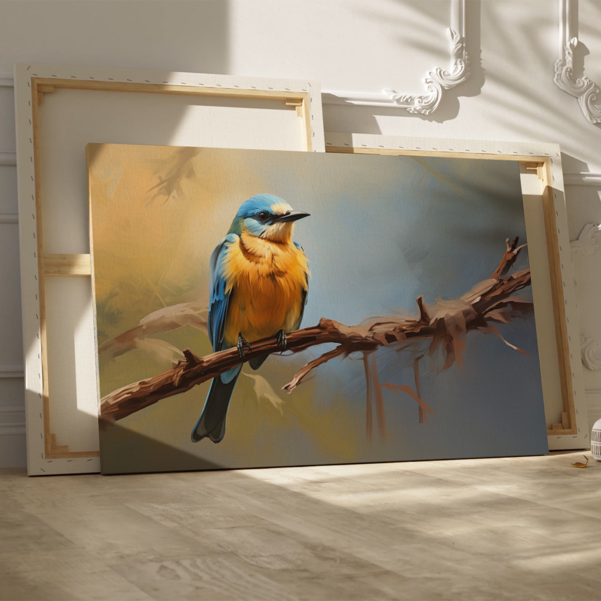 Framed canvas print of a realistic bluebird perched on a branch with vibrant blue and yellow colours