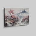 Framed canvas print of Asian landscape with cherry blossoms and misty mountain scenery