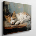 Framed canvas print of a peaceful sleeping cat in warm tones with painterly strokes