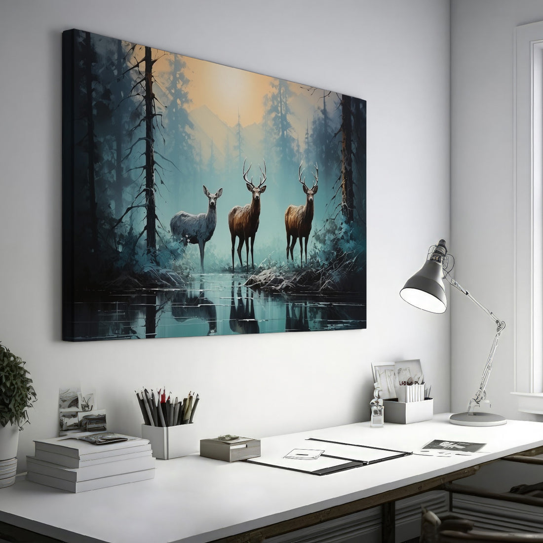 Framed canvas print of deer in a forest at sunrise with reflections in water, blue and orange tones