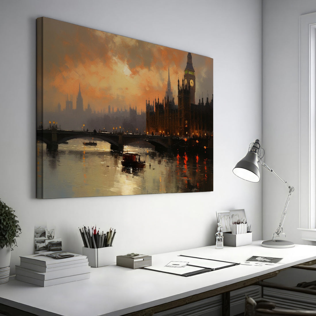 Framed canvas print of London's Westminster and Big Ben at sunset with orange and warm tones reflecting on the Thames River