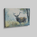 Framed canvas print of a watercolour stag in a serene woodland setting