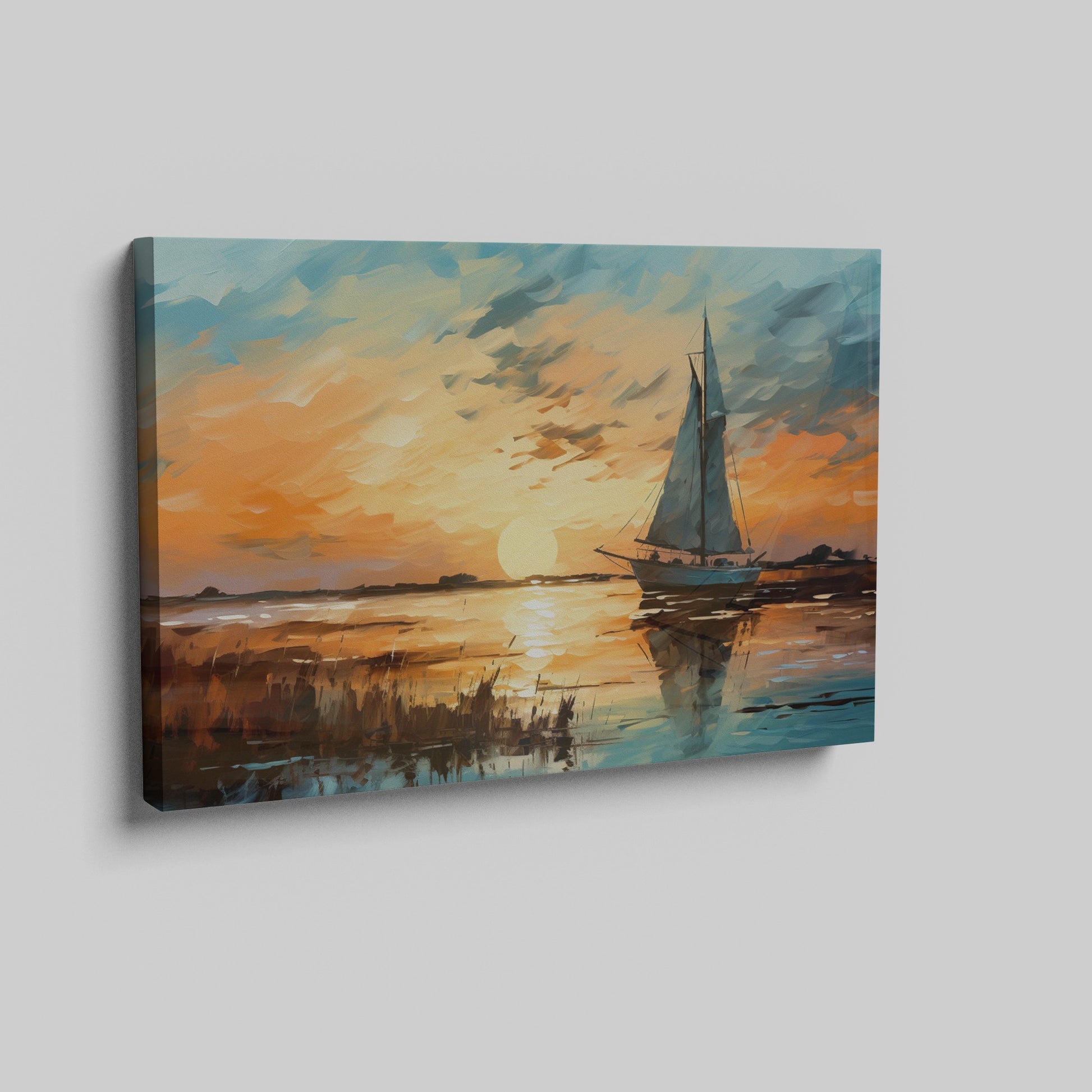 Framed canvas print of an impressionist painting depicting a sailboat at sunset with vibrant oranges and blues