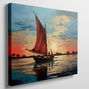 Impressionist style painting of a sailboat with a red sail on calm waters at sunset with vibrant blue and orange sky