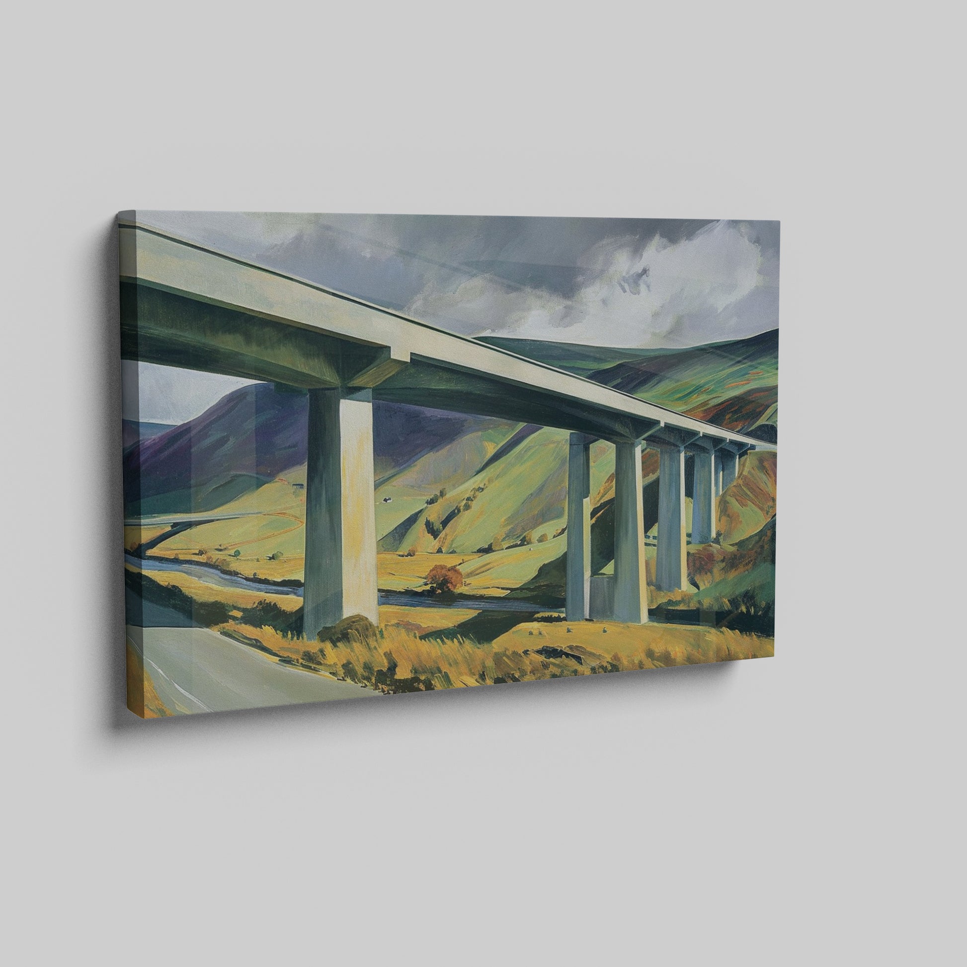 Framed canvas print of a modern landscape with a bridge over rural countryside