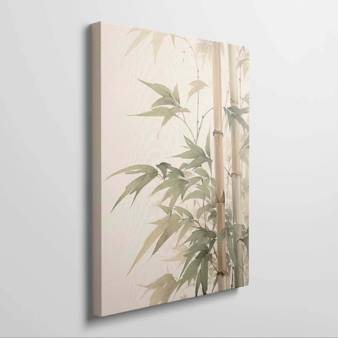 Elegant framed canvas print of a bamboo grove with soft green leaves and beige stalks