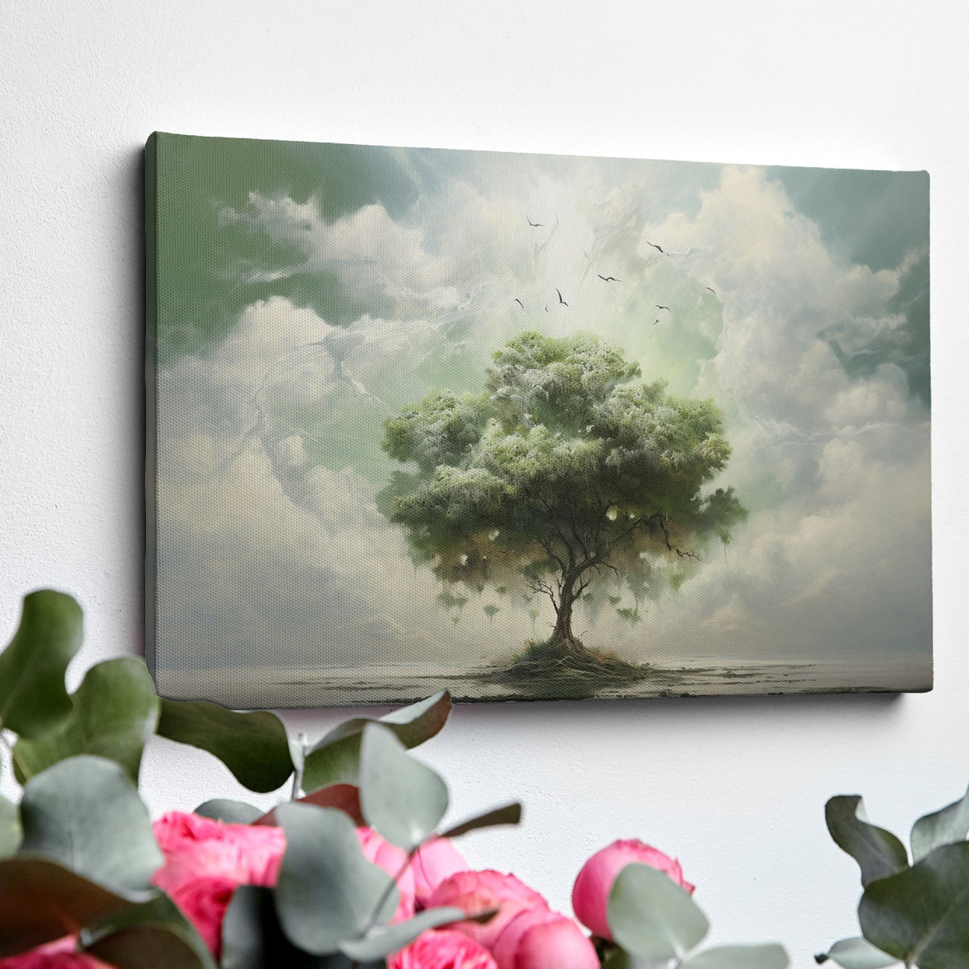 Framed canvas print of a surreal tree floating above a calm lake with birds and ethereal clouds