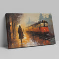 Framed canvas print of an abstract evening train station scene with golden hues and a glowing train