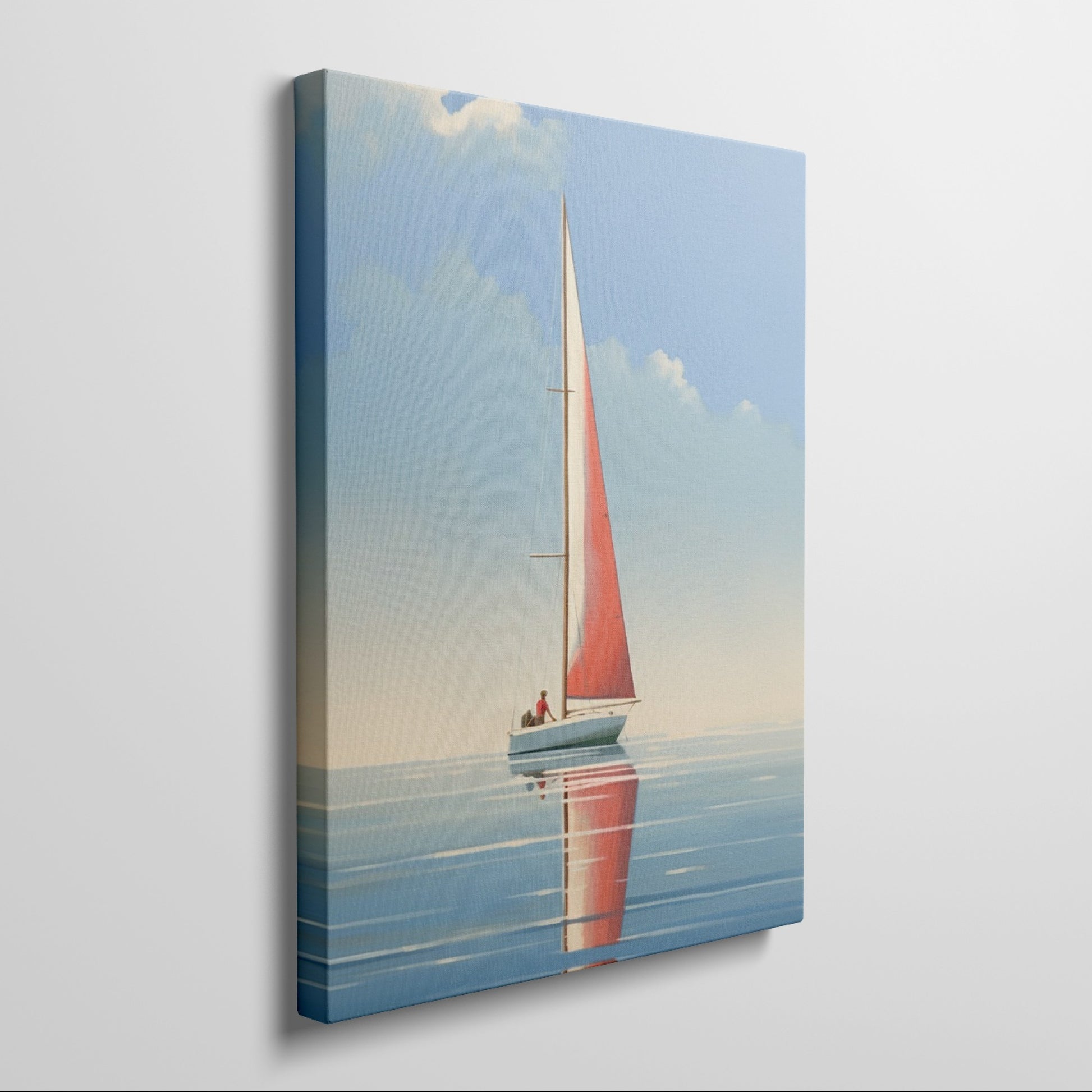 Framed canvas print of a red sailboat on serene blue waters with a clear sky