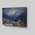 Framed canvas print of a snowy Alpine village with mountain backdrop and evening glow