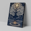 Framed canvas print of a mystical tree with a golden moon and navy background