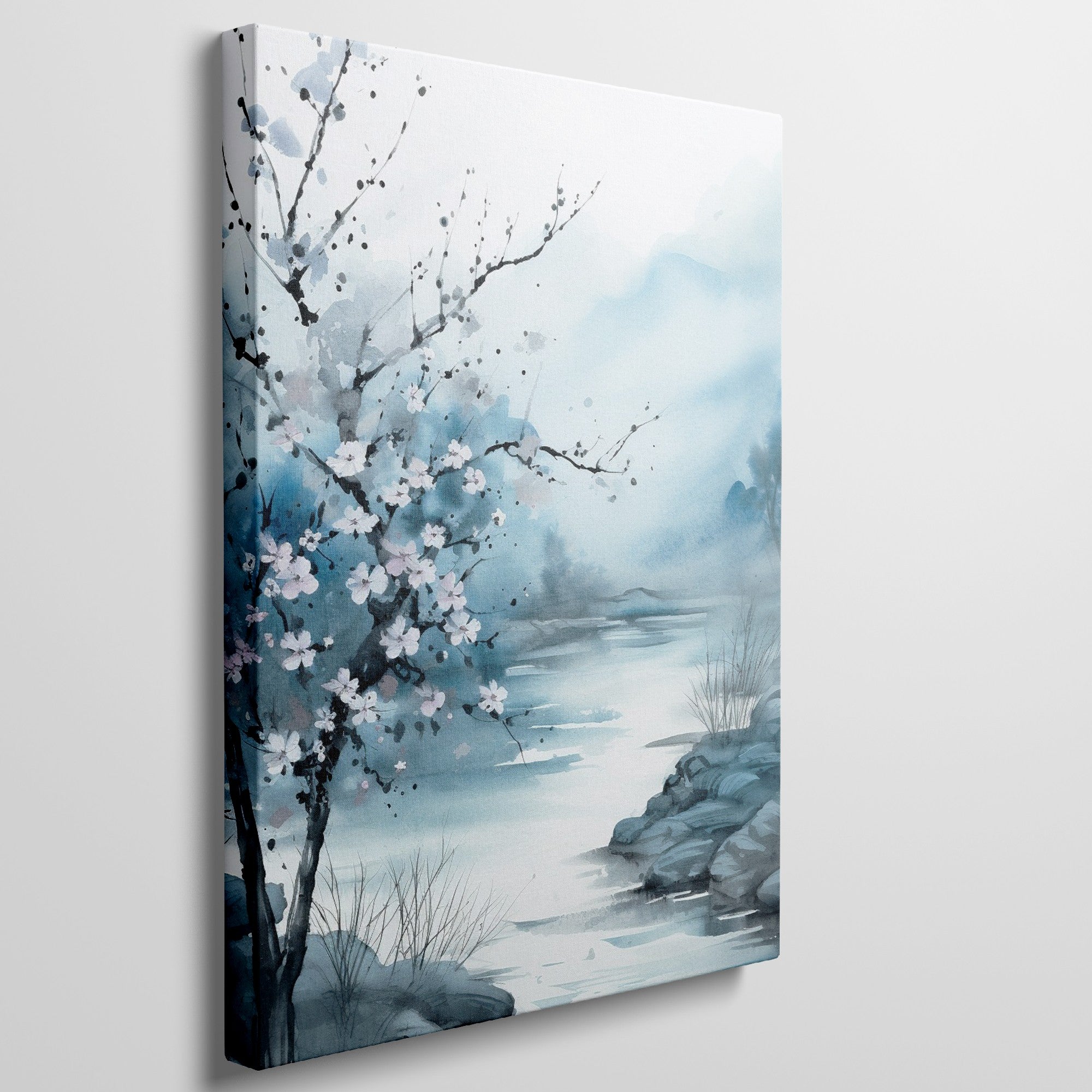 Framed canvas print of serene cherry blossoms by a river in watercolour style