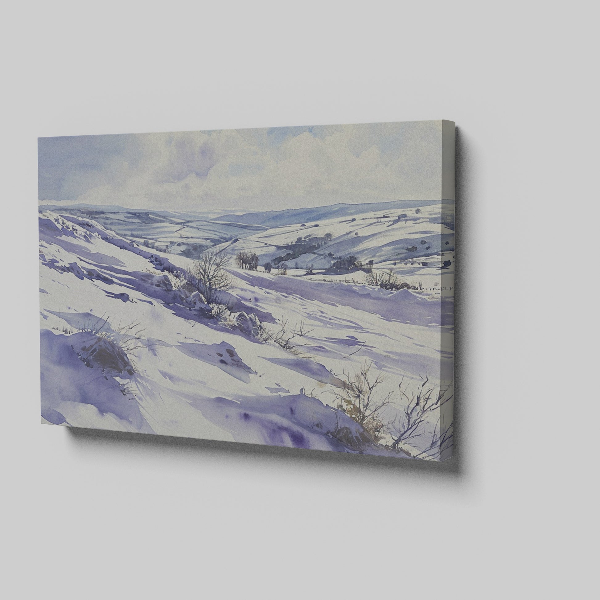 Framed canvas print of a serene winter landscape with snow-covered hills and valleys